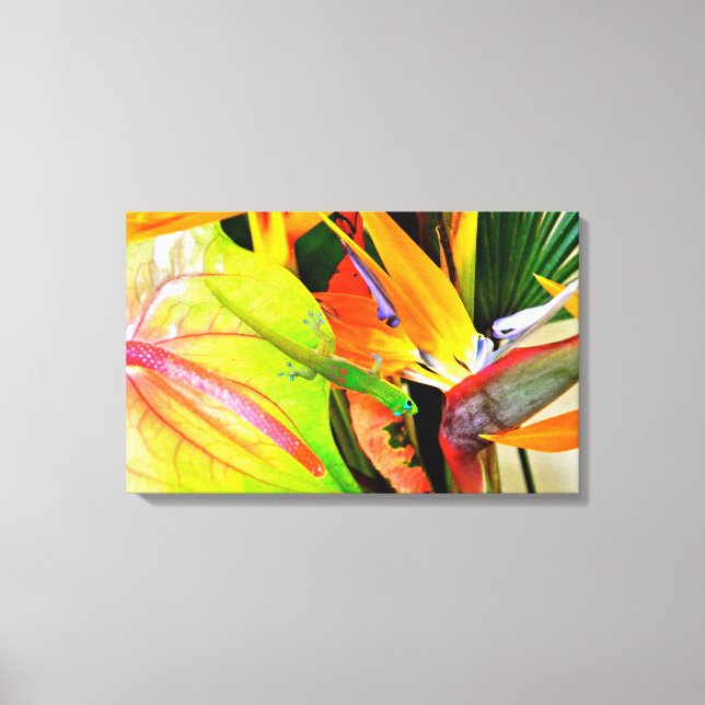 Hawaiian Gecko on Tropical Flowers Canvas Print (Front)