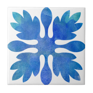 Hawaiian Ginger Quilt Ocean Blue Watercolor Ceramic Tile