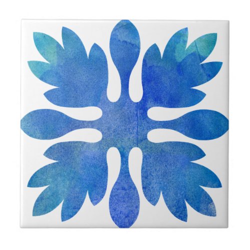 Hawaiian Ginger Quilt Ocean Blue Watercolor Ceramic Tile