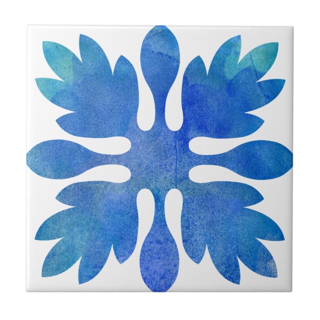 Hawaiian Ginger Quilt Ocean Blue Watercolor Ceramic Tile (Front)