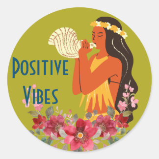 Hawaiian Girl blowing Conch Shell Personalized  Classic Round Sticker