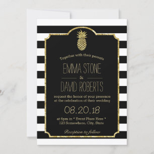 Hawaiian Gold Pineapple Modern Stripes Wedding Invitation