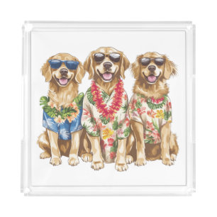 Hawaiian Golden Retriever Dogs Flower Lei Acrylic Tray