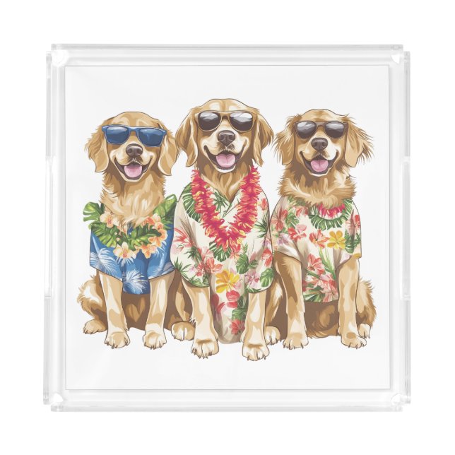 Hawaiian Golden Retriever Dogs Flower Lei Acrylic Tray (Front)
