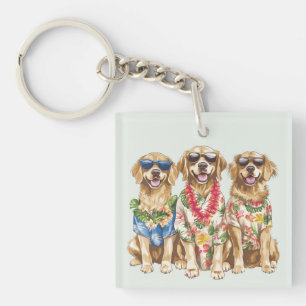 Hawaiian Golden Retriever Dogs Flower Lei Keychain