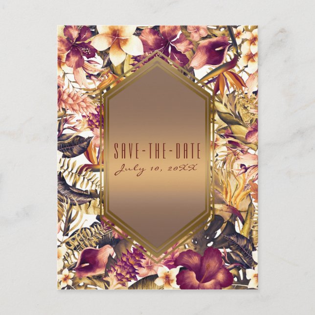 Hawaiian Golden Tropics Wedding Save the Date Announcement Postcard (Front)