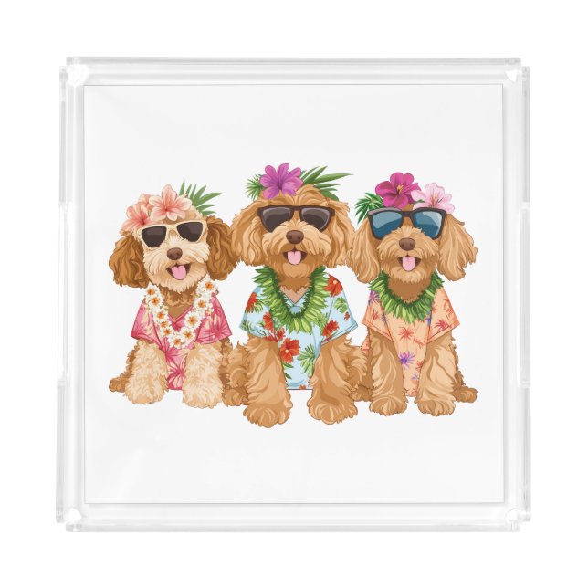 Hawaiian Goldendoodle Dogs Flower Lei Acrylic Tray (Front)