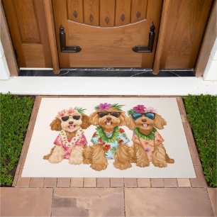 Hawaiian Goldendoodle Dogs Flower Lei Doormat