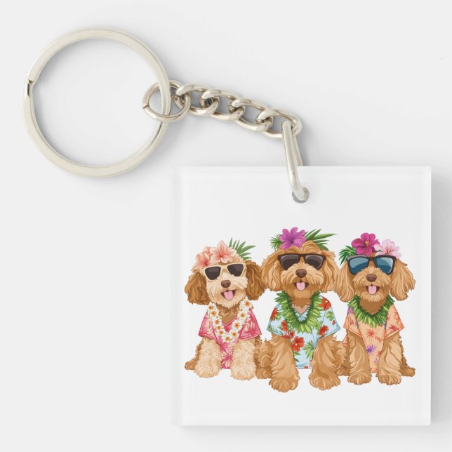 Hawaiian Goldendoodle Dogs Flower Lei Keychain (Front)