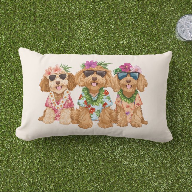 Hawaiian Goldendoodle Dogs Flower Lei Lumbar Pillow (Grass)