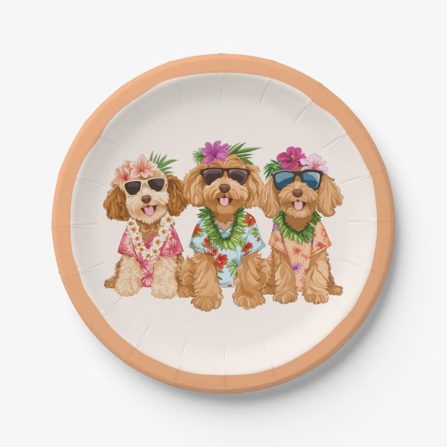Hawaiian Goldendoodle Dogs Flower Lei Paper Plates (Front)