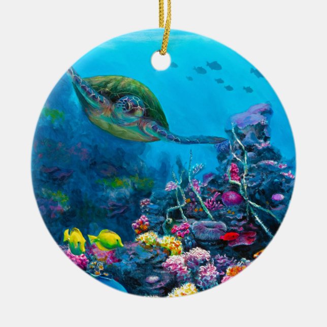 Hawaiian Green Sea Turtle Tropical Fish Reef Ceramic Ornament (Front)