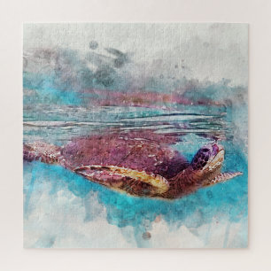 Hawaiian Green Sea Turtle Watercolor Painting Jigsaw Puzzle