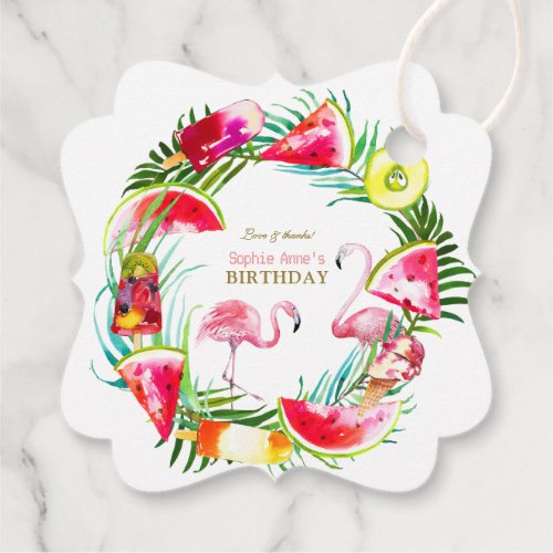 Hawaiian Greenery Fruits Birds Pool Birthday Favor Tags