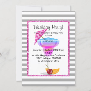HAWAIIAN GREY STRIPE  COCKTAIL BIRTHDAY PINK INVITATION
