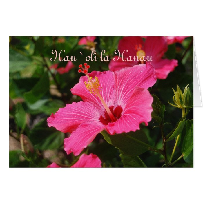 Hawaiian Happy Birthday Pink Striped Hibiscus Greeting Card