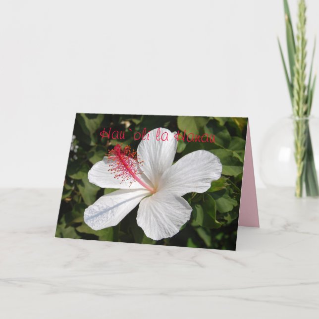 Hawaiian Happy Birthday White Hibiscus Card (Front)