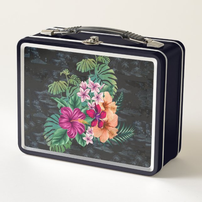 Hawaiian Hibiscus and Monstera Retro Lunch Box (Front)