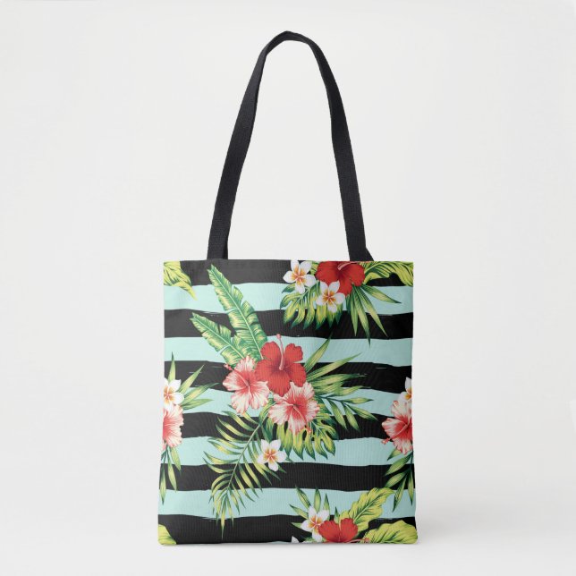 Hawaiian Hibiscus & Black & Mint Stripes Pattern Tote Bag (Front)