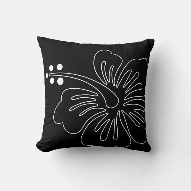 Hawaiian Hibiscus Black & White Throw Pillow (Front)