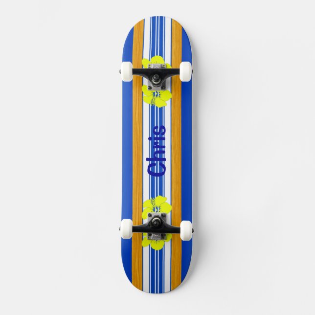 Hawaiian Hibiscus Blue Surfboard Skateboard Deck (Front)