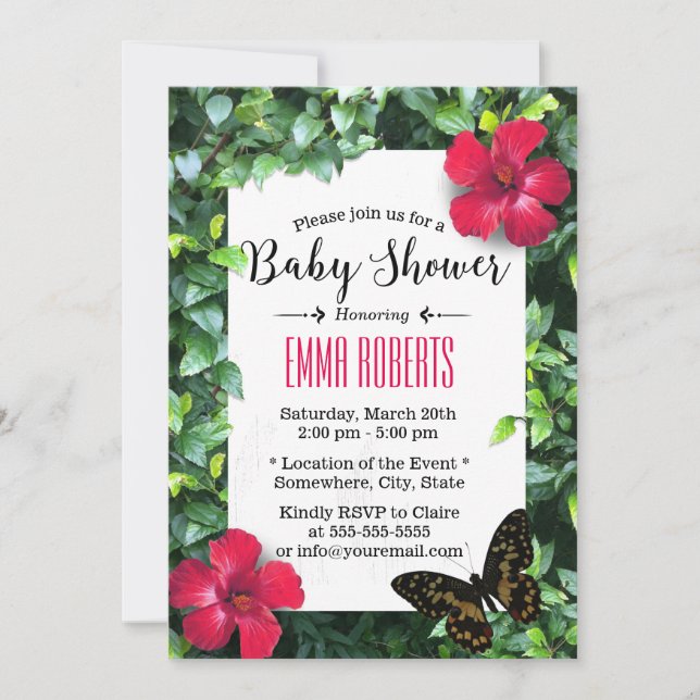 Hawaiian Hibiscus & Butterfly Tropical Baby Shower Invitation (Front)