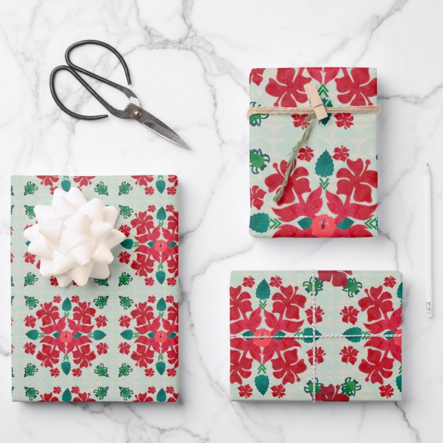 Hawaiian Hibiscus Christmas Quilt Pattern Wrapping Paper Sheets (Front)