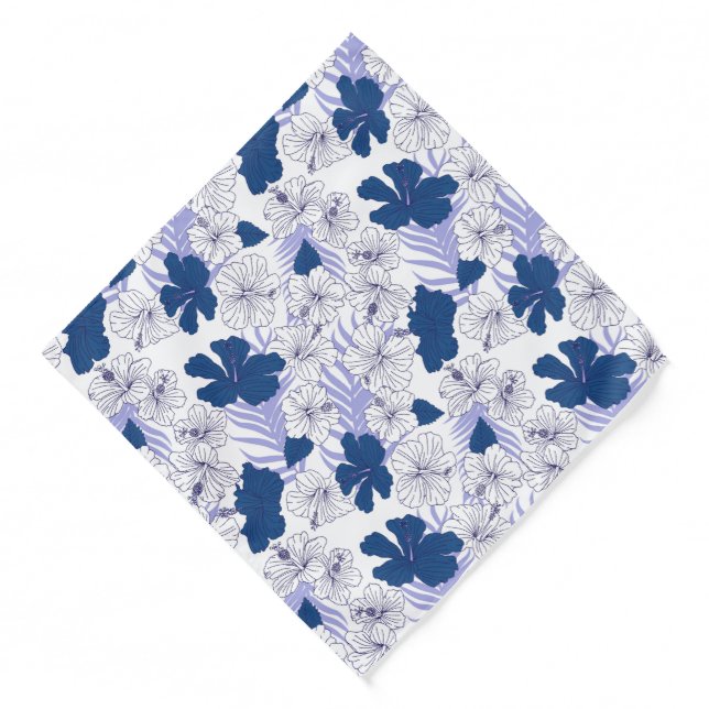 Hawaiian Hibiscus Flower Pattern in Blue and White Bandana (Front)