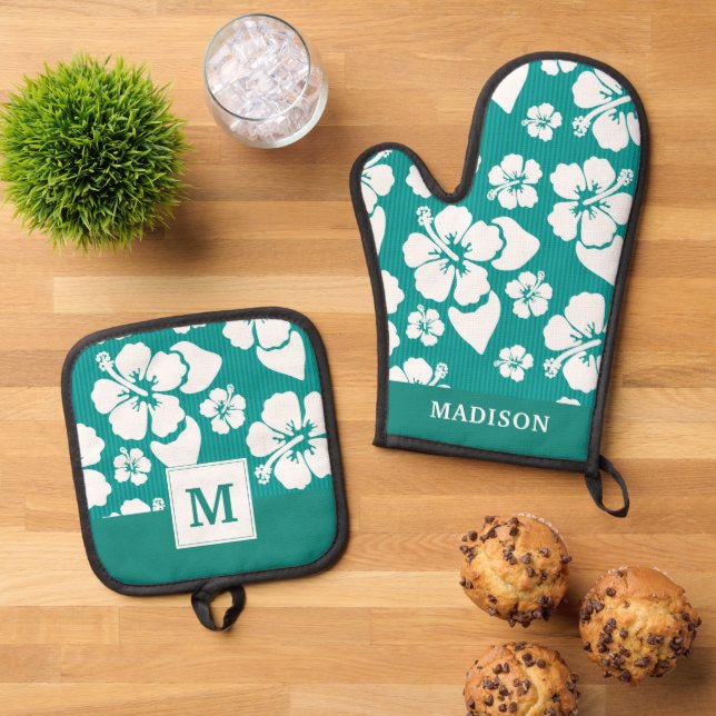 Hawaiian Hibiscus Flower Pattern Oven Mitt & Pot Holder Set (Top Down)
