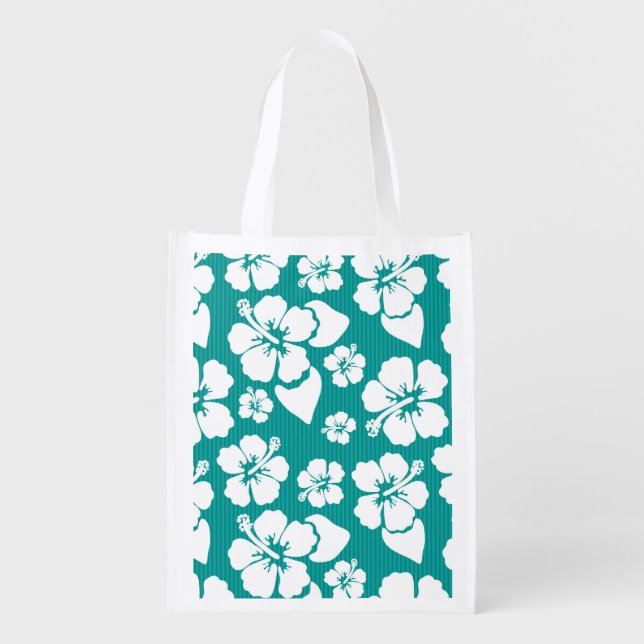 Hawaiian Hibiscus Flower Pattern Reusable Grocery Bag (Front)