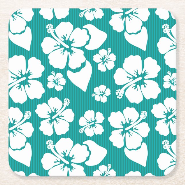 Hawaiian Hibiscus Flower Pattern Square Paper Coaster (Front)