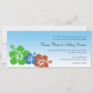Hawaiian hibiscus flowers blue green wedding invitation