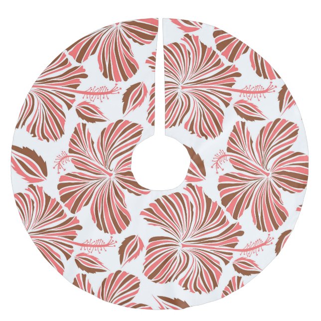 Hawaiian hibiscus flowers: brown tropical style. brushed polyester tree skirt (Front)