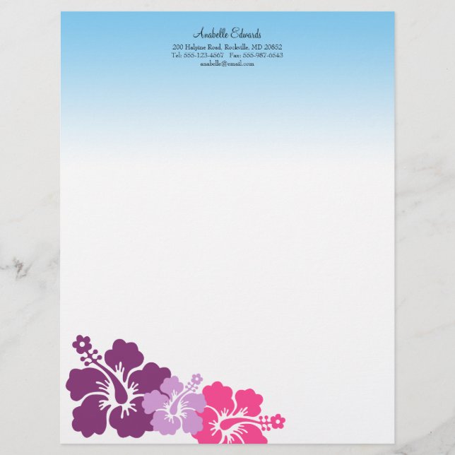 Hawaiian hibiscus flowers lilac purple summer letterhead (Front)