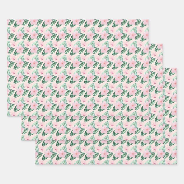 Hawaiian Hibiscus Flowers on Pink Wrapping Paper Sheets (Set)