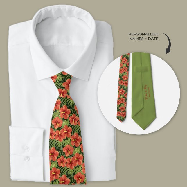 Hawaiian Hibiscus Flowers Personalized Neck Tie (Personalized Plumeria Hawaiian flowers wedding neckties for groomsmen)