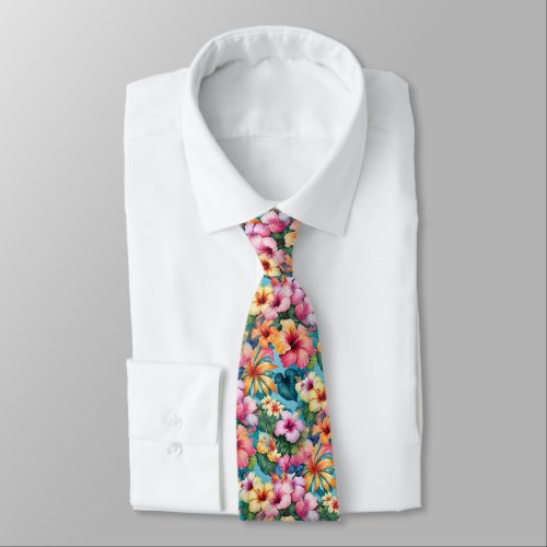 Hawaiian Hibiscus Flowers Tropical Pattern Neck Tie