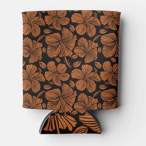 Hawaiian Hibiscus Orange Black Pattern Can Cooler