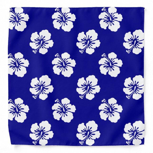 Hawaiian Hibiscus Pattern Blue and White Bandana (Front)