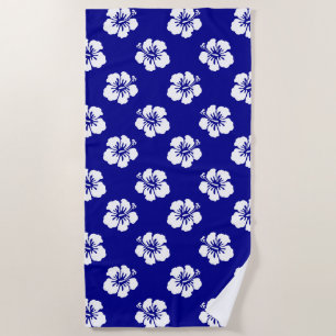 Hawaiian Hibiscus Pattern Blue and White Beach Towel