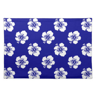 Hawaiian Hibiscus Pattern Blue and White Cloth Placemat