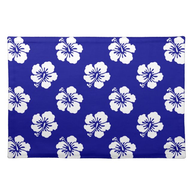 Hawaiian Hibiscus Pattern Blue and White Cloth Placemat (Front)