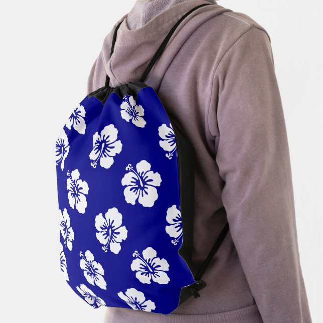 Hawaiian Hibiscus Pattern Blue and White Drawstring Bag (Insitu)
