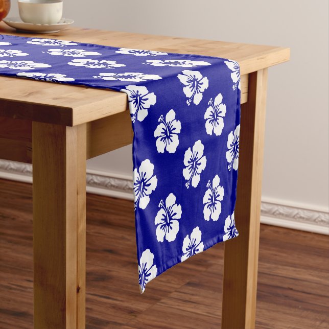 Hawaiian Hibiscus Pattern Blue and White Short Table Runner (In Situ)