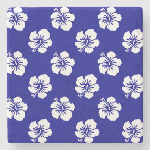 Hawaiian Hibiscus Pattern Blue and White Stone Coaster
