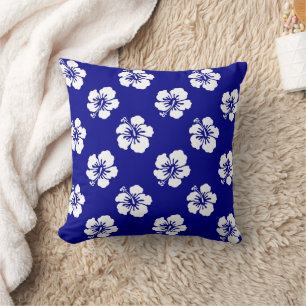Hawaiian Hibiscus Pattern Blue and White Throw Pillow