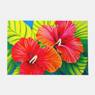 Hawaiian hibiscus red flowers with green leaves doormat