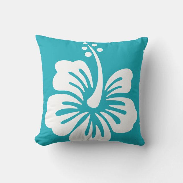 Hawaiian Hibiscus Reversible Sea-Blue Throw Pillow (Front)