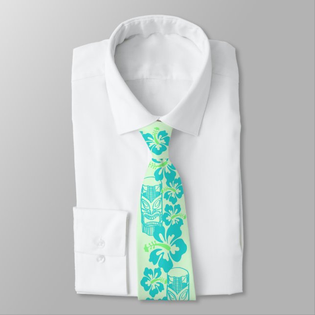 Hawaiian Hibiscus & Tiki "Live Pono" Retro Upbeat Neck Tie (Tied)