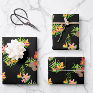 Hawaiian Hibiscus Tropical Floral on Black Wrapping Paper Sheets